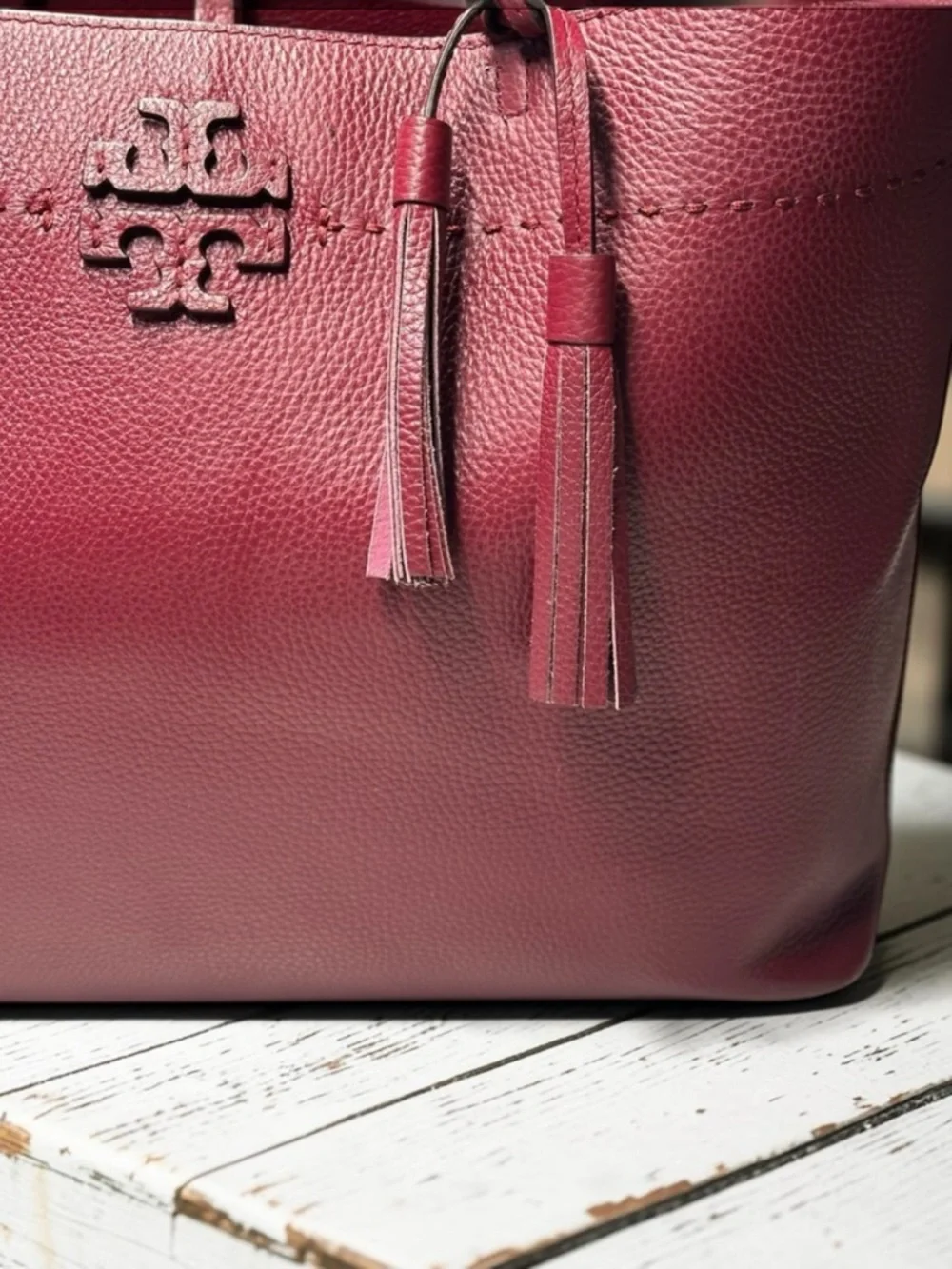 Tory Burch McGraw Leather Tote- Wine Red with Black Handles - Picture 7 of 15